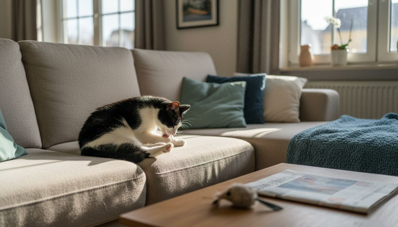 Eine Katze macht es sich auf dem Sofa im gemütlichen Wohnzimmer bequem und putzt sich ausgiebig.