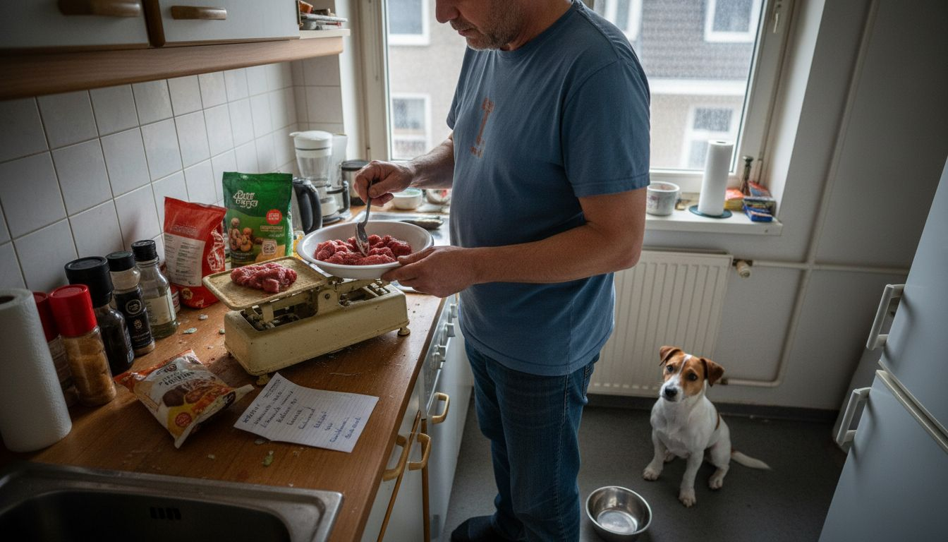 Ein Hundebesitzer portioniert frisches Futter für seinen Vierbeiner und wiegt es sorgfältig ab.