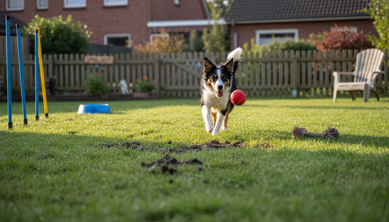 Ein Hund sprintet begeistert beim Agility-Training und apportiert dabei sein Lieblingsspielzeug.