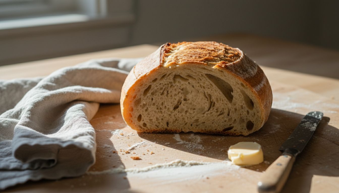 Felii de pâine cu maia artizanală arătând structura alveolară perfectă cu goluri mari și neregulate, miez aerat și poros specific fermentației naturale