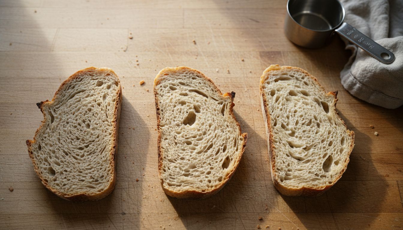 Comparație între trei felii de pâine cu maia arătând diferite tipuri de structură alveolară: compactă, medie și deschisă