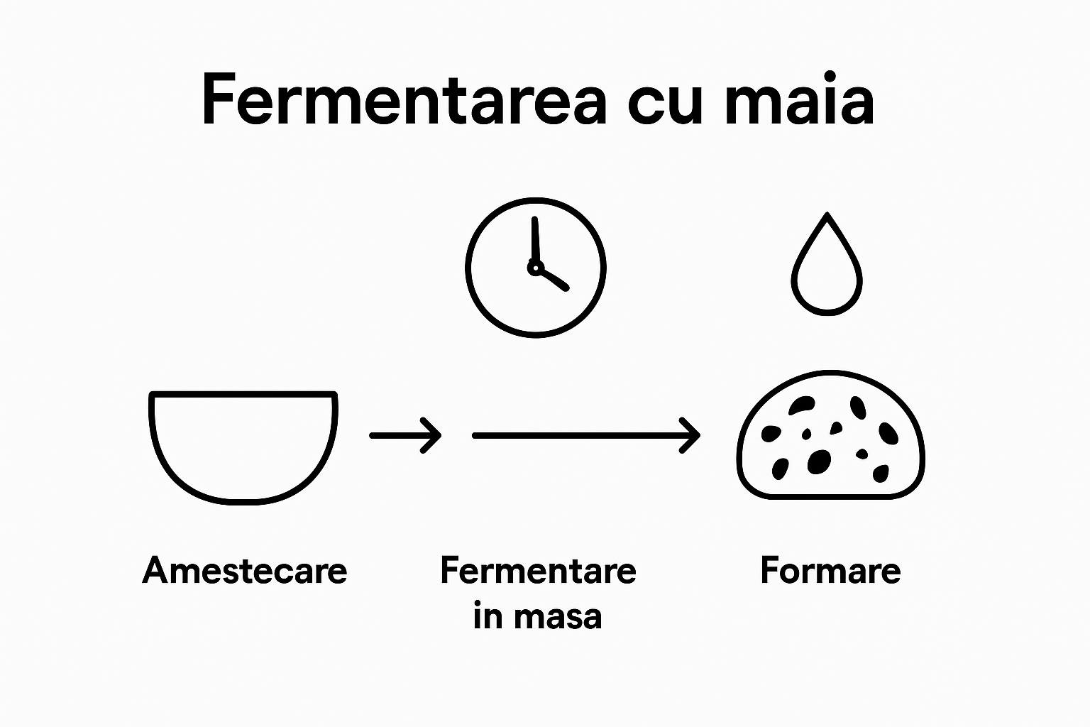 Infografic ilustrativ arătând etapele procesului de fermentație a aluatului cu maia și formarea structurii alveolare