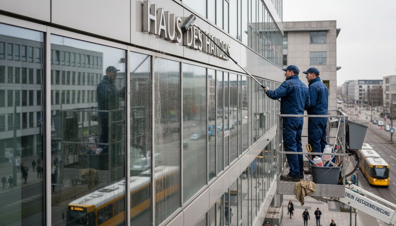 Ein professionelles Reinigungsteam nimmt sich der Fassade eines Bürogebäudes an.