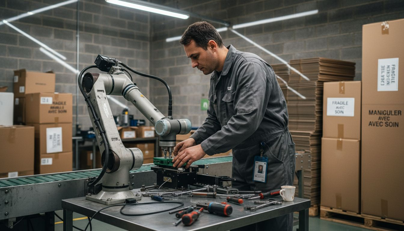 Un technicien travaillant dans une PME règle le bras d’un robot sur la chaîne de production.