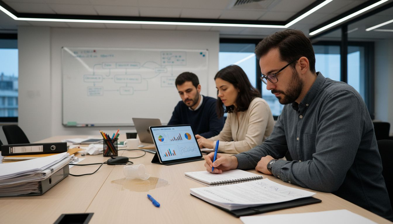 Point d’équipe IA avec prise de notes à la main