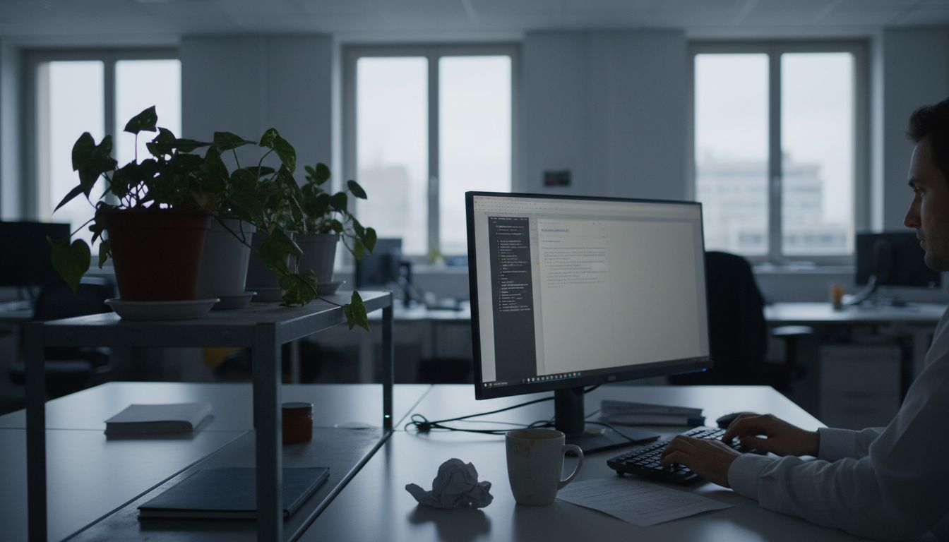 Salarié en plein travail sur son ordinateur dans un espace de bureaux partagé