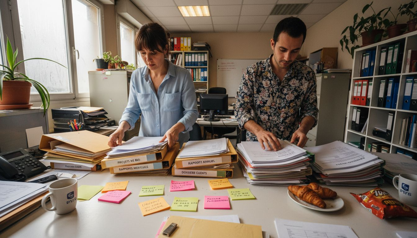 Une équipe réunie autour d’une table encombrée, plongée dans l’analyse de données professionnelles.