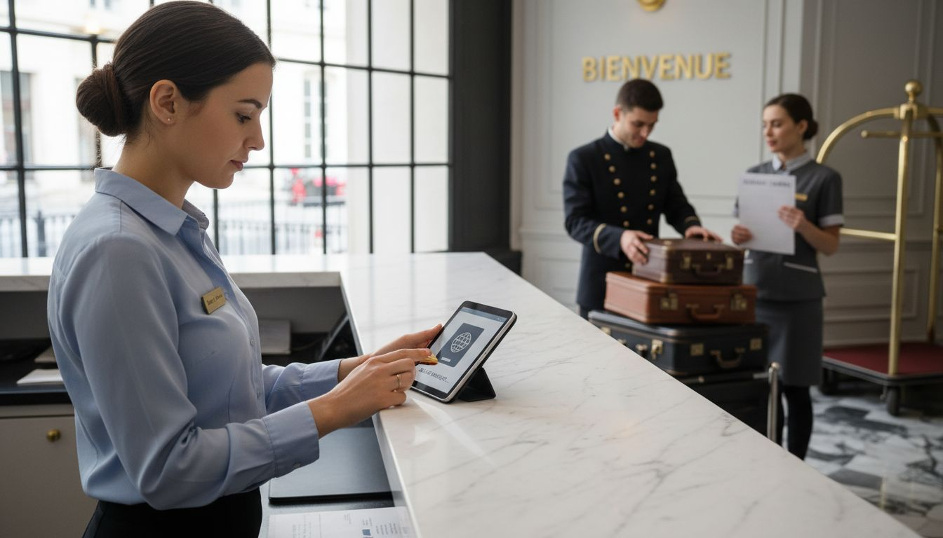 L’accueil enregistre le client directement sur une tablette.