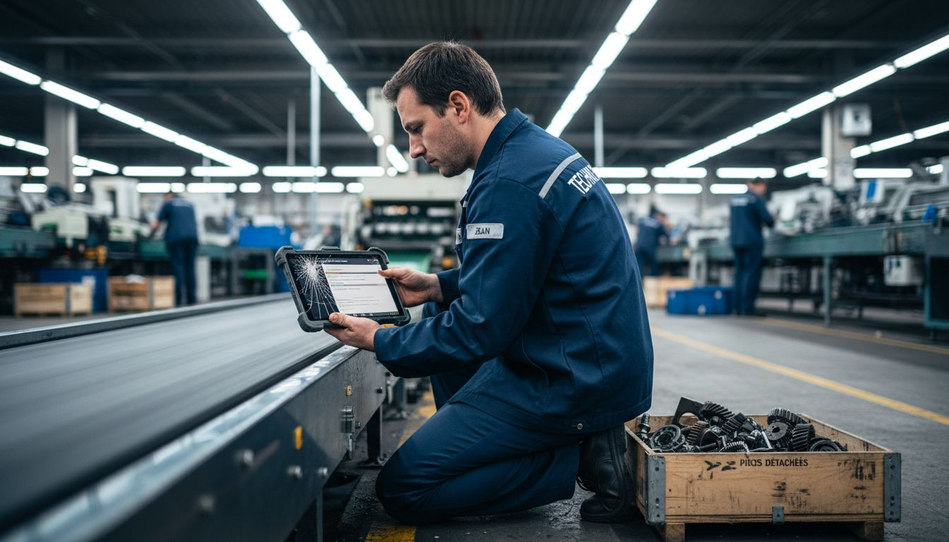 Un technicien effectue des contrôles sur des machines intelligentes à l’aide d’une tablette.