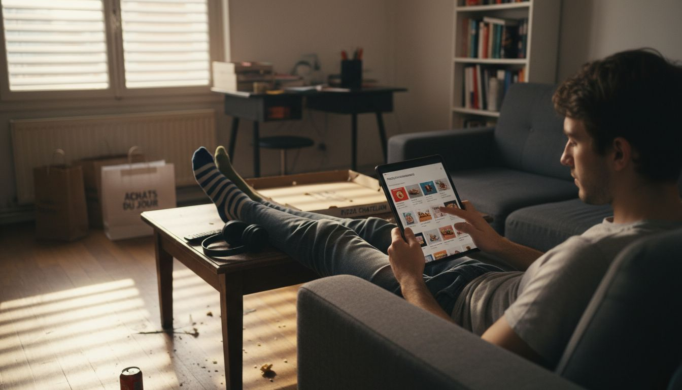 Une cliente découvre tranquillement des suggestions de produits depuis son salon.