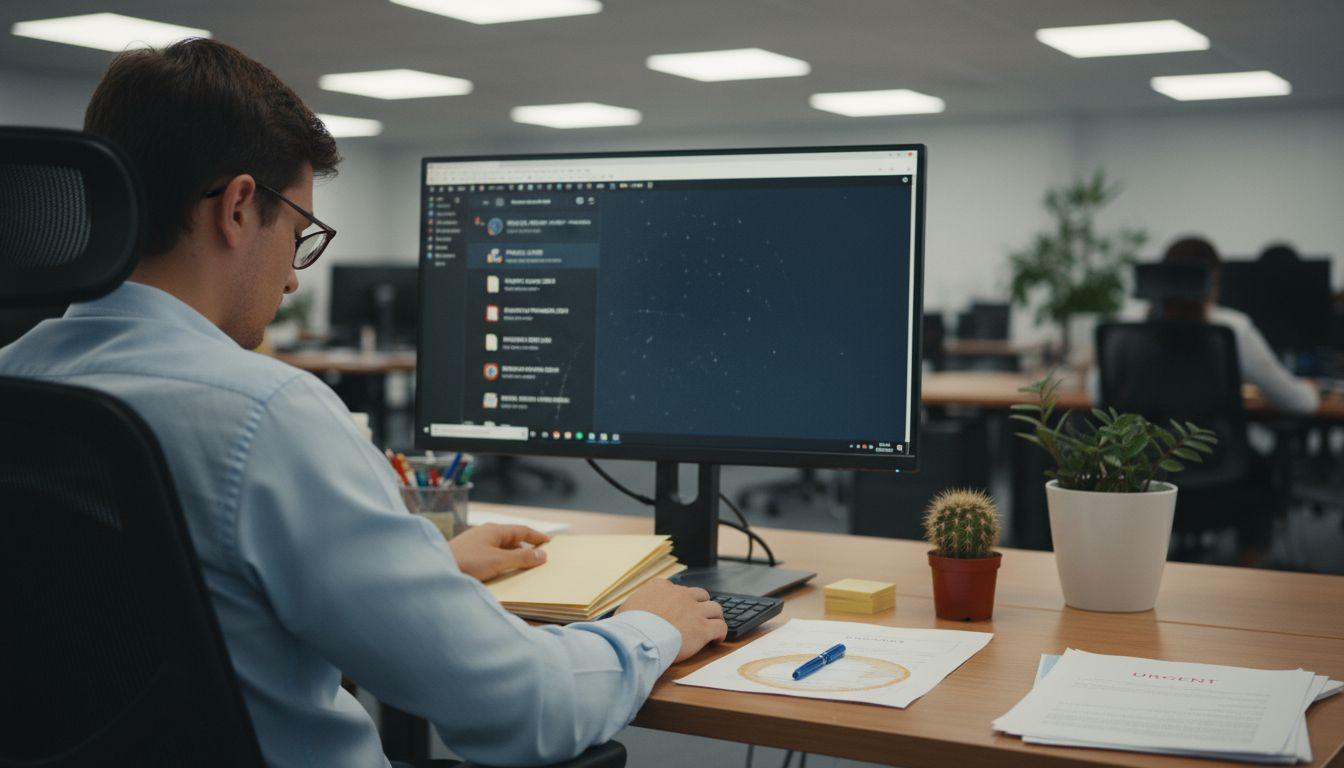 Un salarié de PME en train de classer des fichiers sur son ordinateur au bureau.