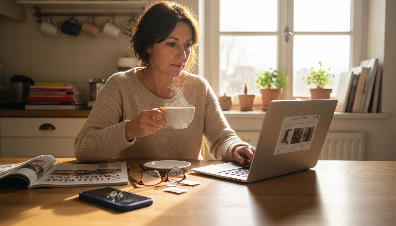 Une femme fait ses achats en ligne depuis son ordinateur portable.