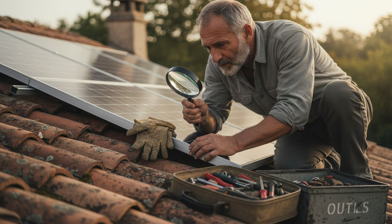 Un propriétaire monte sur son toit pour vérifier l’état de la structure de ses panneaux solaires.