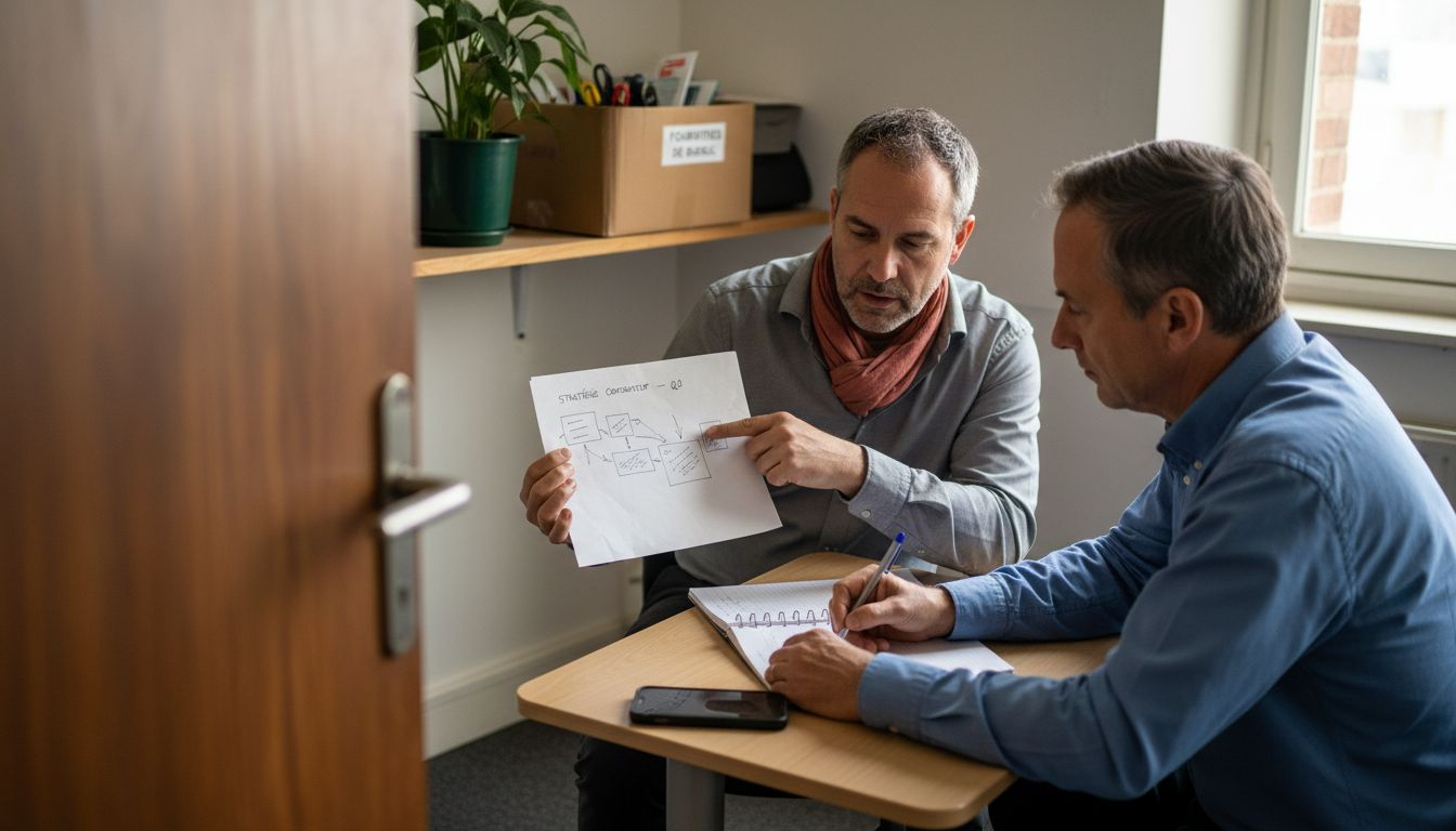 Un consultant en pleine discussion avec le dirigeant d’une PME dans son bureau.