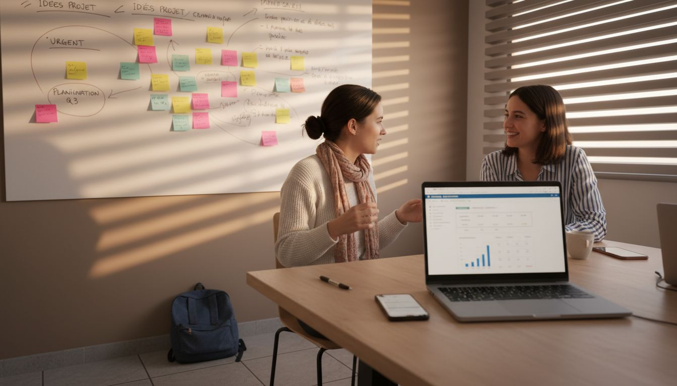 Des équipes de PME échangent autour d’un tableau interactif regroupant leurs outils numériques.