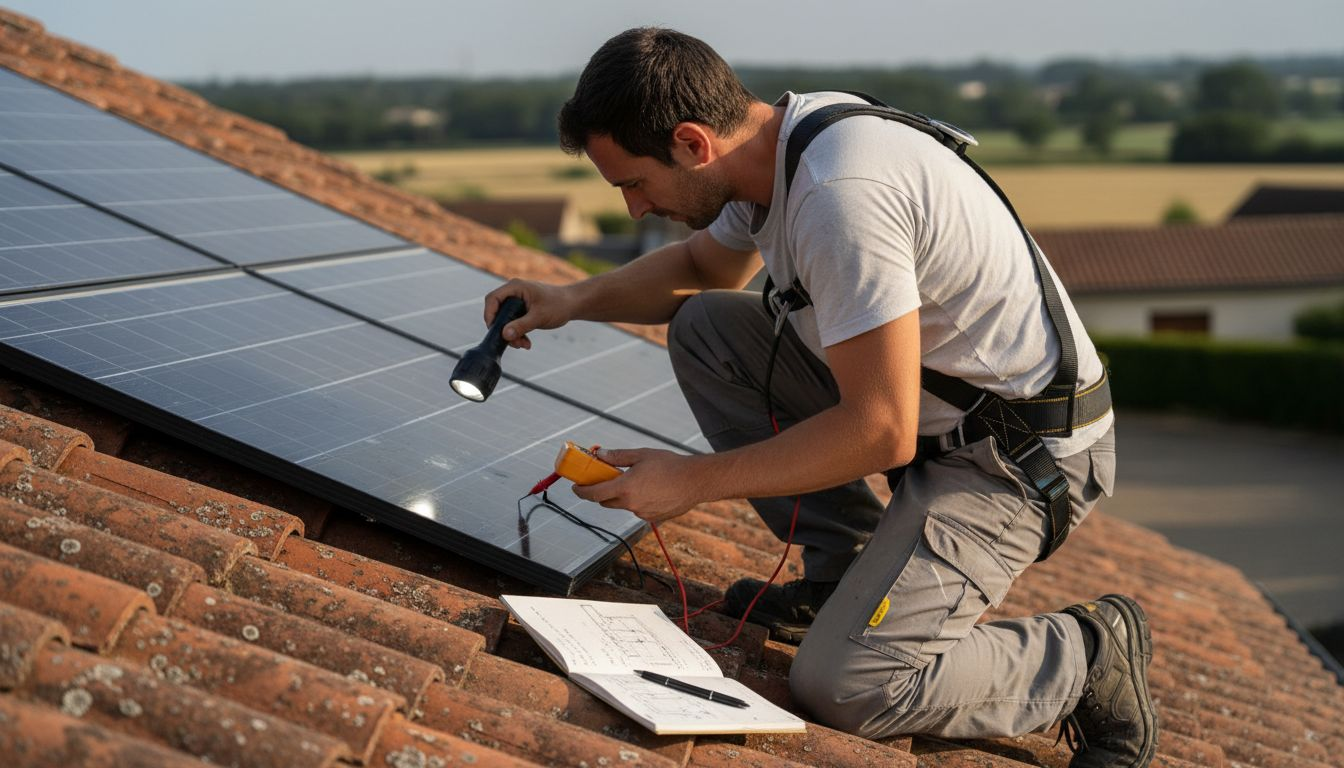 Un professionnel contrôle l’installation de panneaux solaires sur le toit d’une maison.