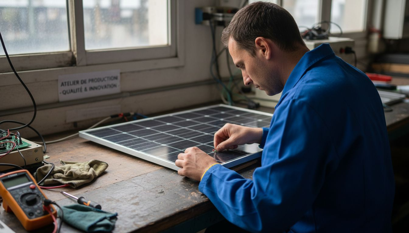 Un technicien contrôle une cellule photovoltaïque dans l’atelier.