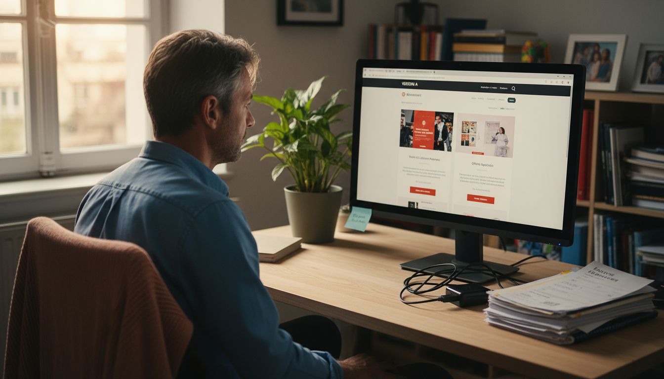 Un dirigeant de PME compare différents sites internet depuis son ordinateur au bureau.