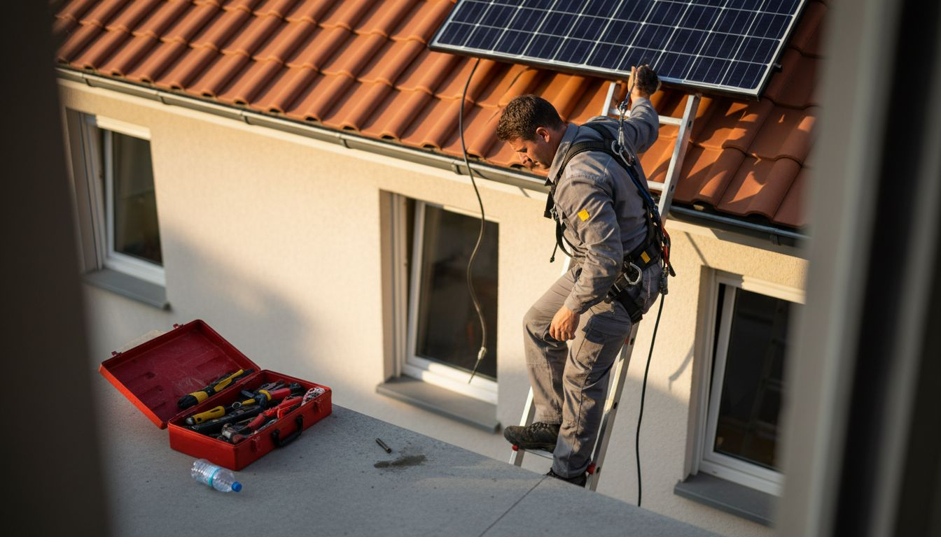 Un professionnel installe des panneaux solaires sur le toit d’une maison.