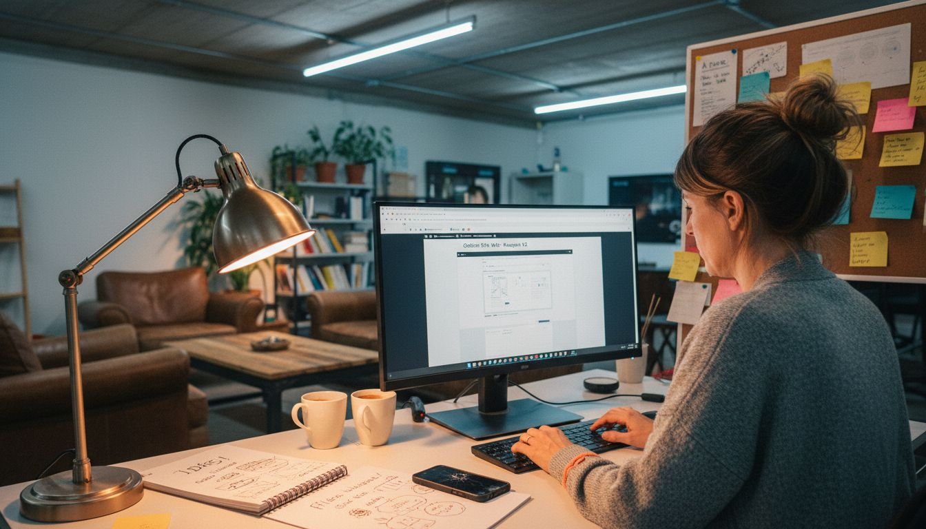 Une femme travaille sur la mise en page d’un site web, les yeux rivés sur son écran.