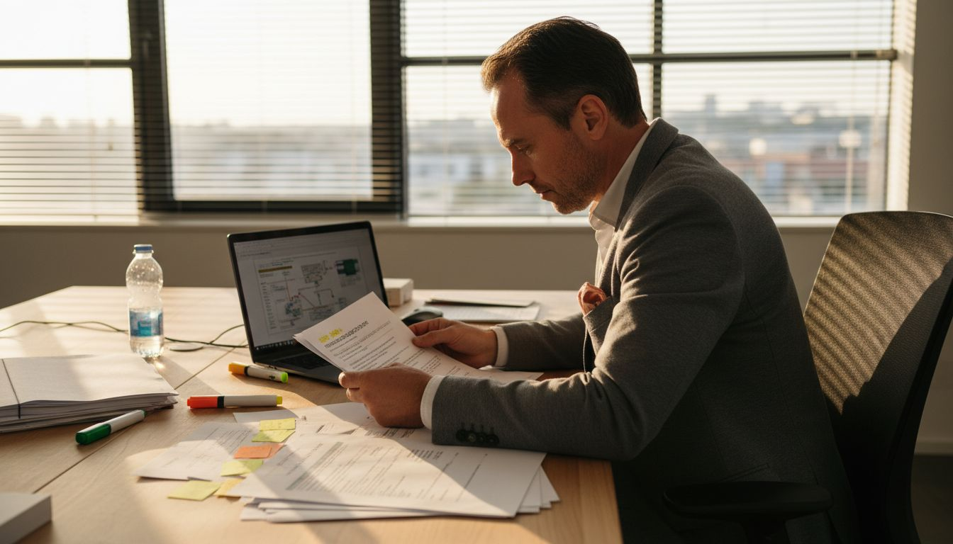 Un consultant examine attentivement le cahier des charges d'une application mobile.