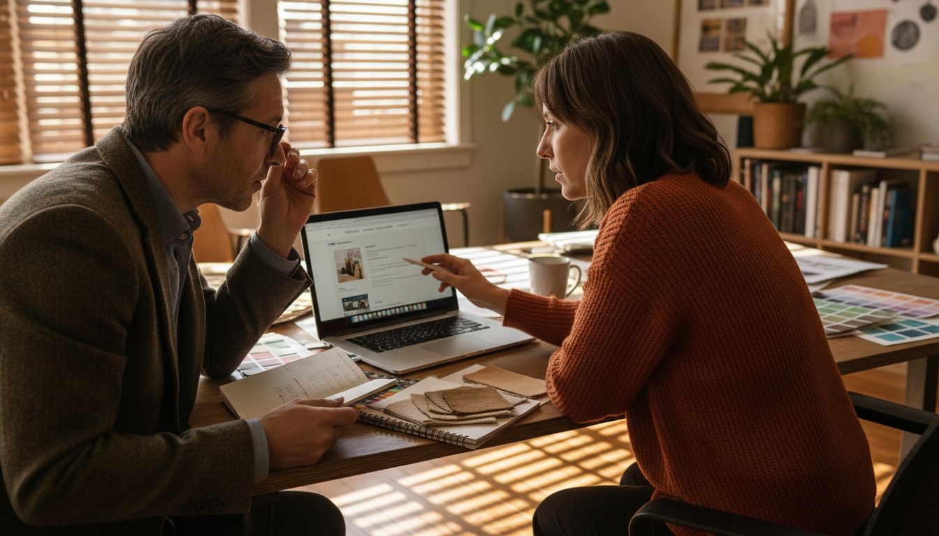 Un webdesigner présente à son client une maquette de site internet entièrement personnalisée, pensée pour répondre à ses besoins spécifiques.