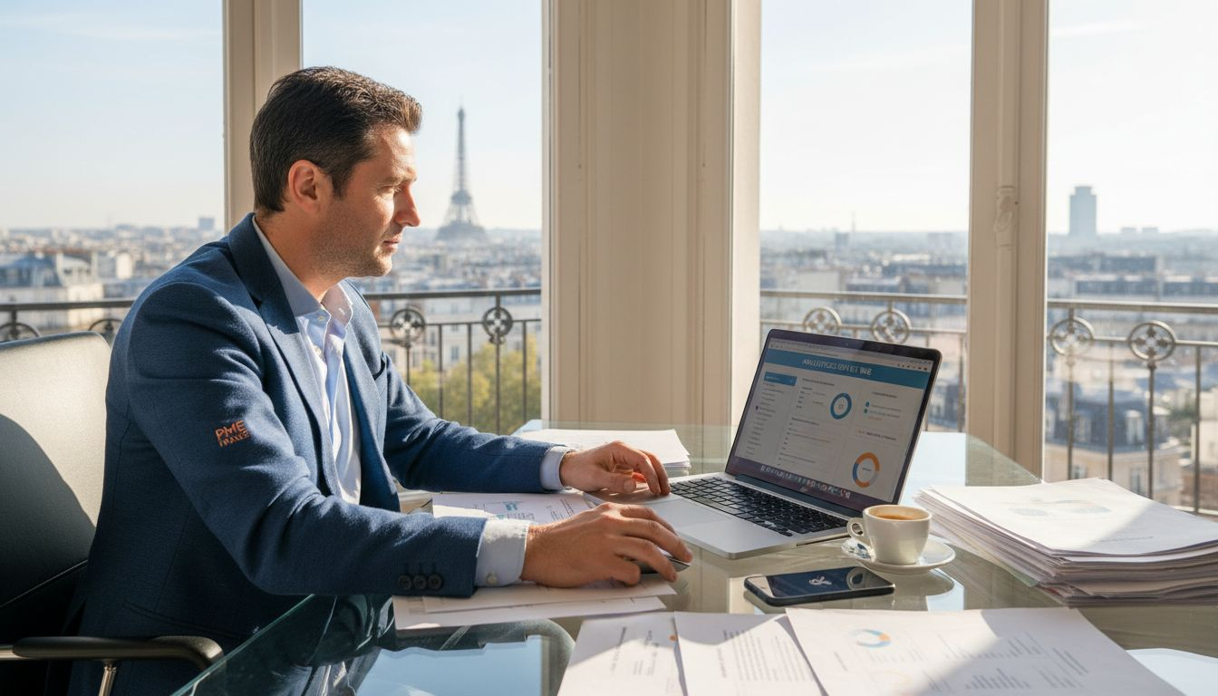 Un dirigeant de PME analyse les statistiques de son site internet depuis son bureau moderne.