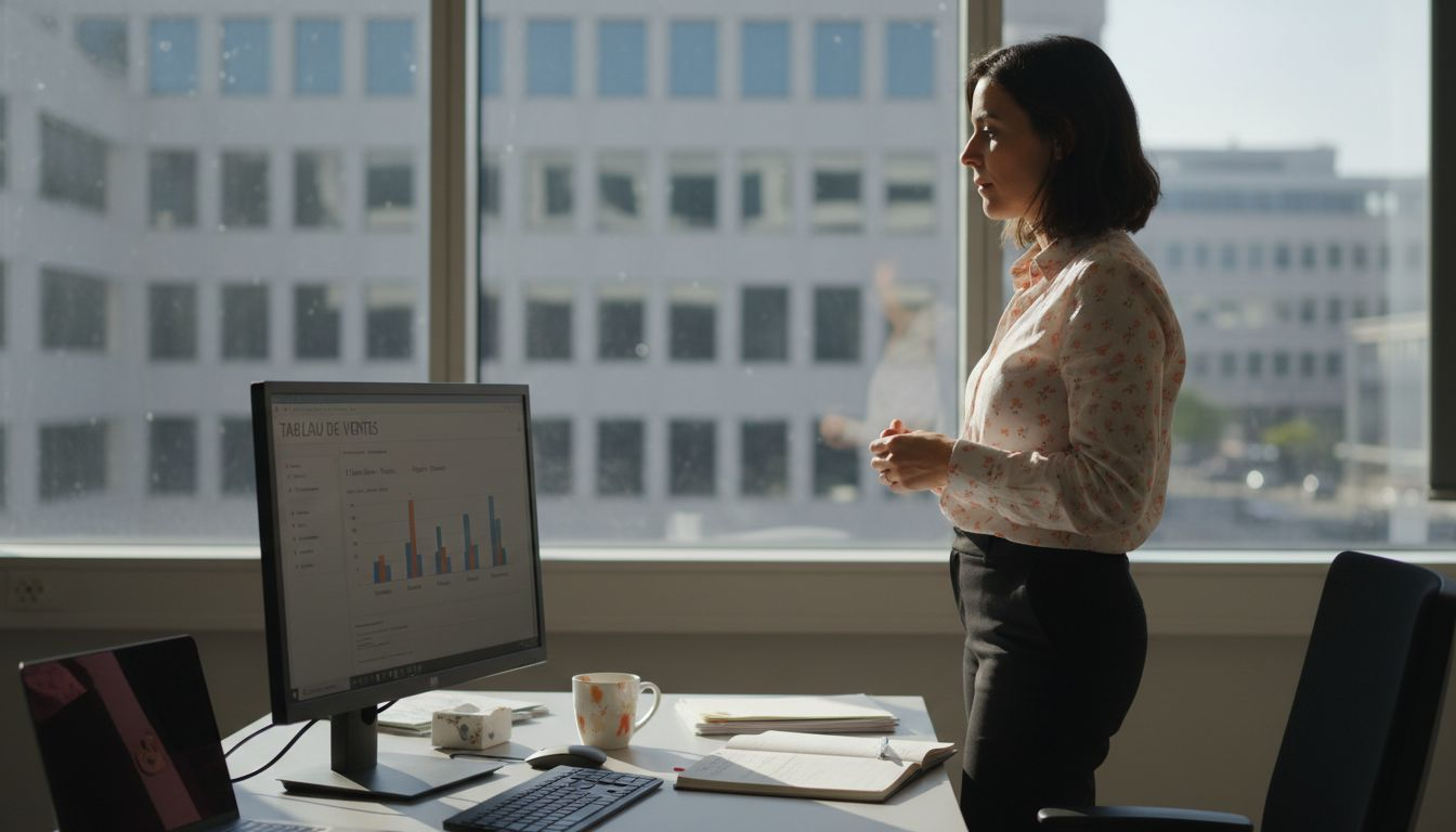 Une entrepreneure dirigeant une PME suit de près les performances de sa boutique en ligne depuis son bureau.