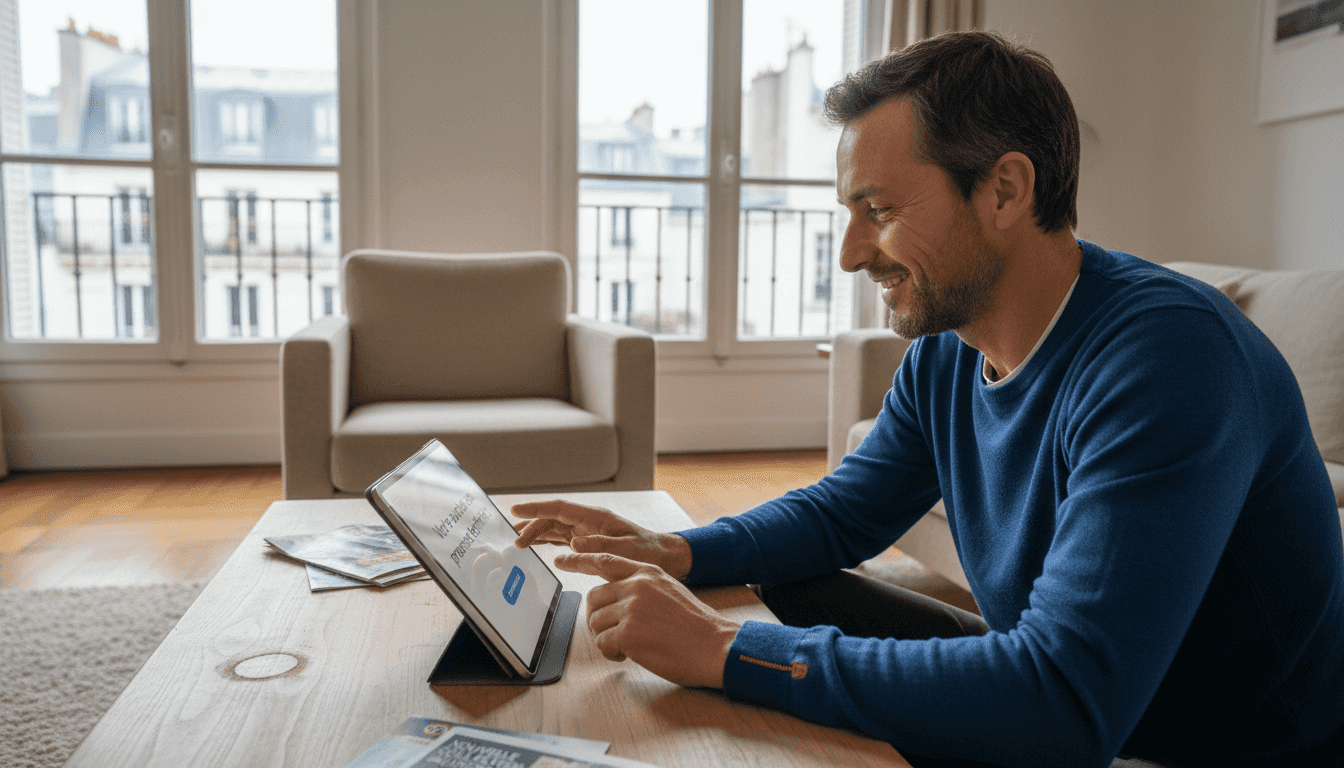 Un client satisfait repart avec une nouvelle tablette après avoir finalisé son achat en boutique.