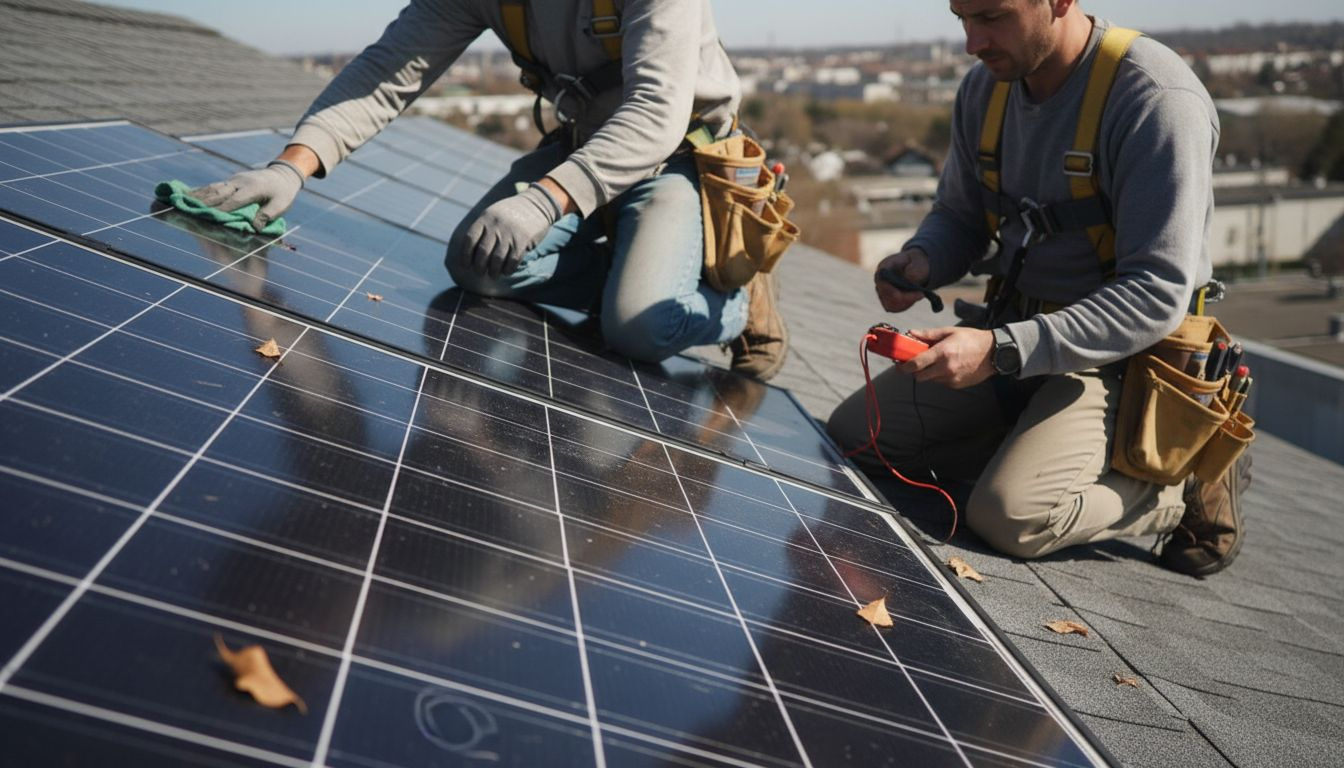 Des techniciens assurent l’entretien de panneaux solaires monocristallins.