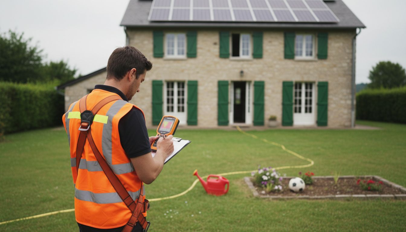 Un contrôleur effectue une vérification des panneaux solaires installés dans le jardin.