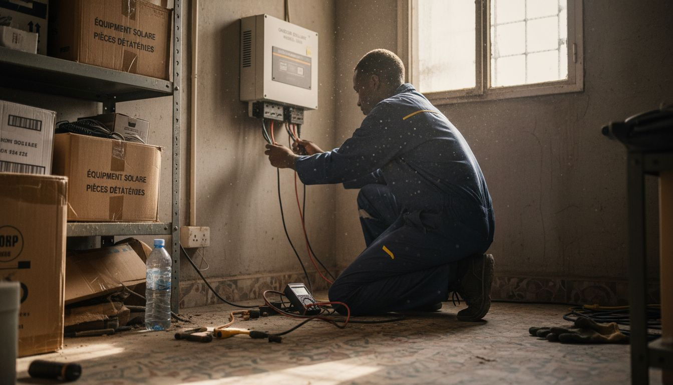 Un technicien s’affaire à l’installation d’un onduleur solaire, ses outils soigneusement disposés à portée de main.