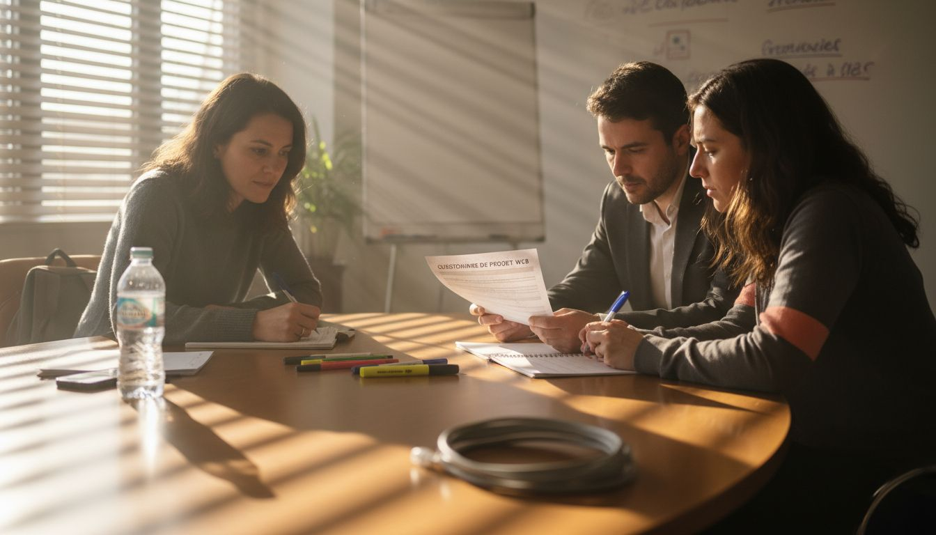 Réunion de réflexion entre le responsable de projet et les clients pour définir les grandes lignes d’un nouveau site web.