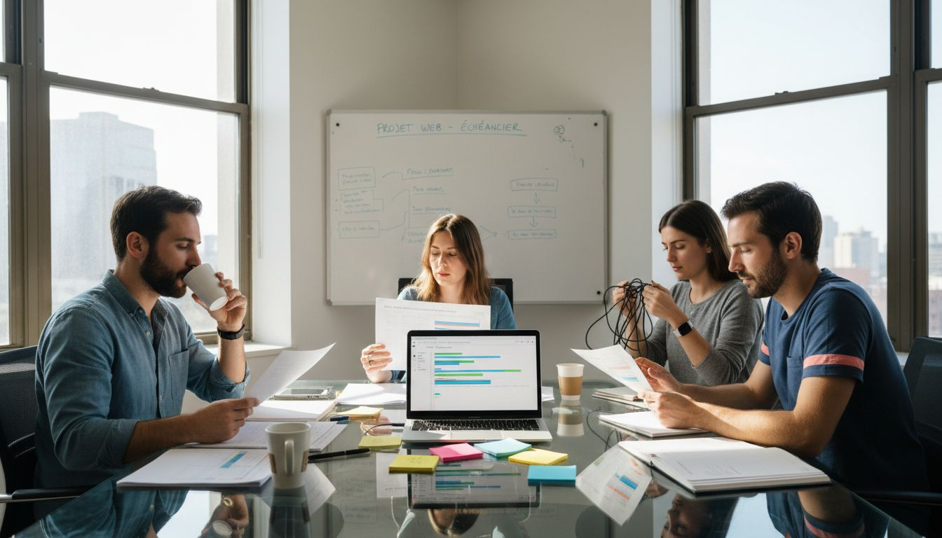 L’équipe web passe en revue le planning du projet dans un bureau baigné de lumière.