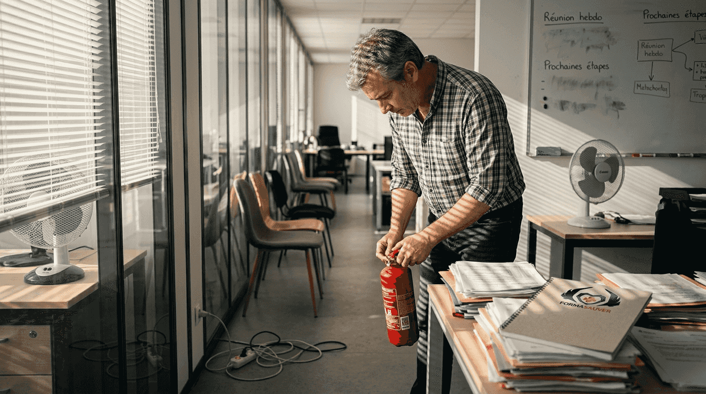 Un employé de bureau procède à un essai d'extincteur dans une petite entreprise.