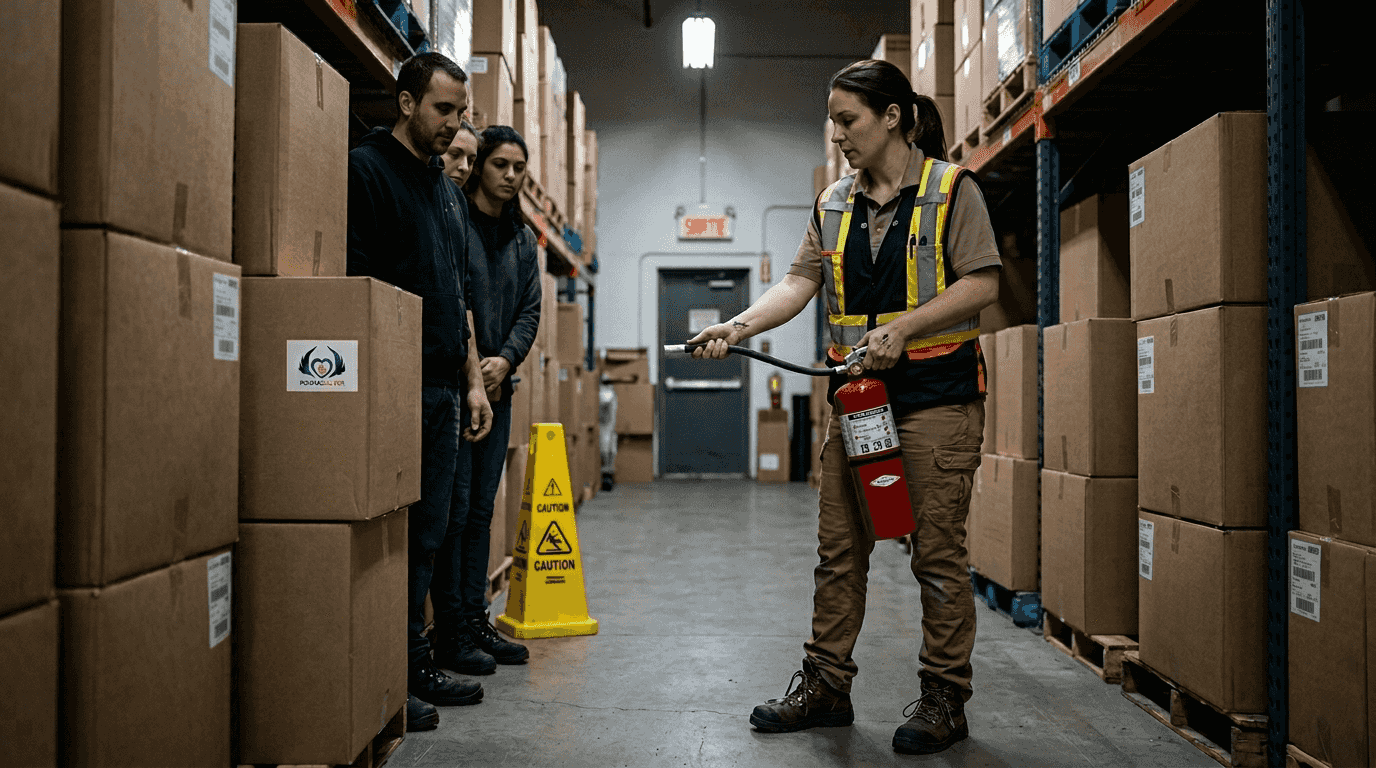 Un salarié forme ses collègues à l’utilisation de l’extincteur.