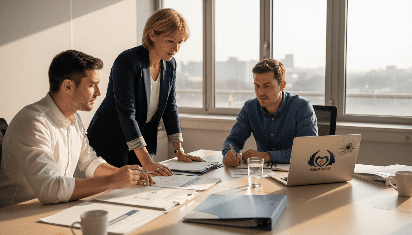 Une équipe de PME réunie au bureau échange autour des bonnes pratiques de prévention.