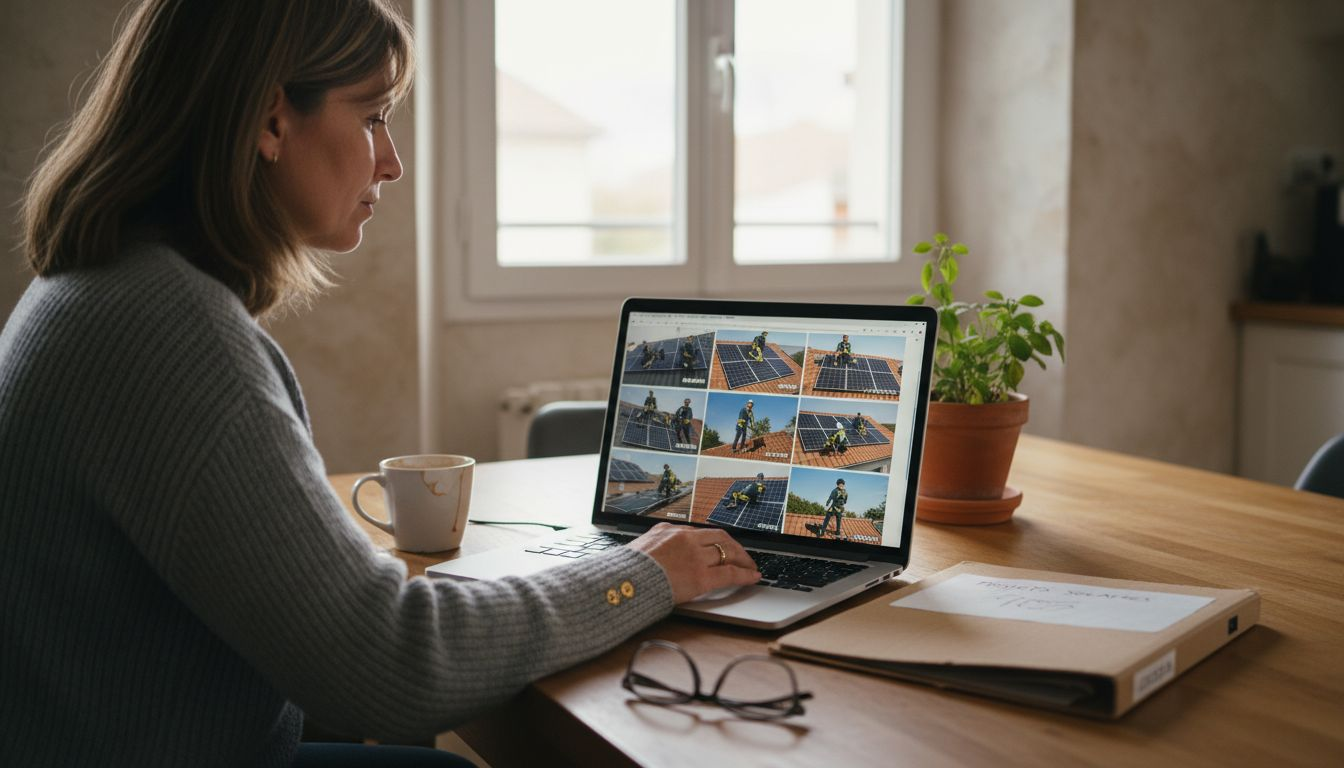 Un client prend le temps de consulter les réalisations et références d’un installateur solaire de sa région avant de faire son choix.