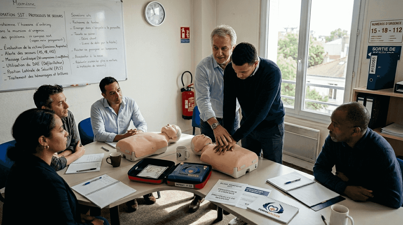 Un formateur en prévention et secours au travail anime une session sur les gestes de premiers secours à destination des salariés d’une PME.