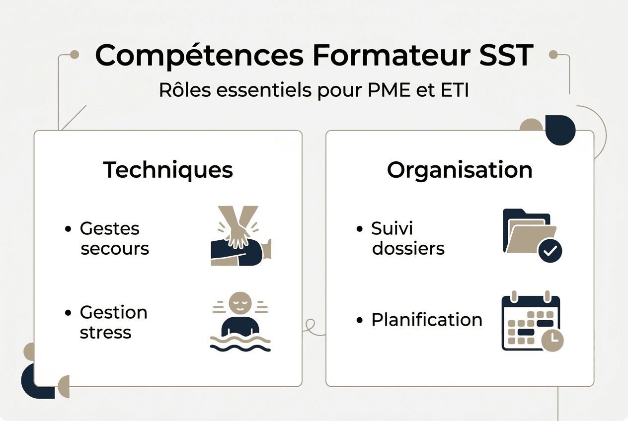 Les compétences incontournables pour un formateur en sécurité et santé au travail : découvrez-les en un clin d’œil grâce à notre infographie.