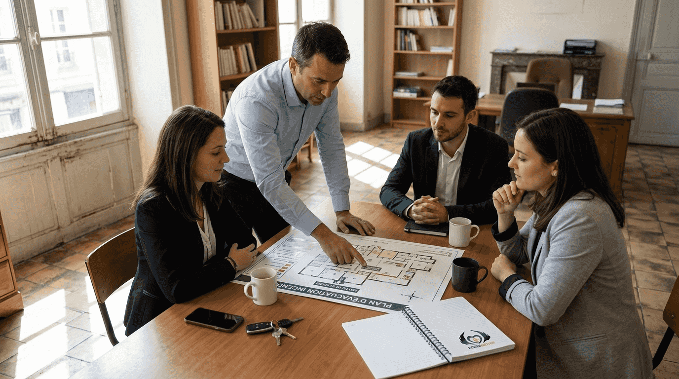 Présentation du plan d’évacuation incendie lors de la réunion dédiée aux PME