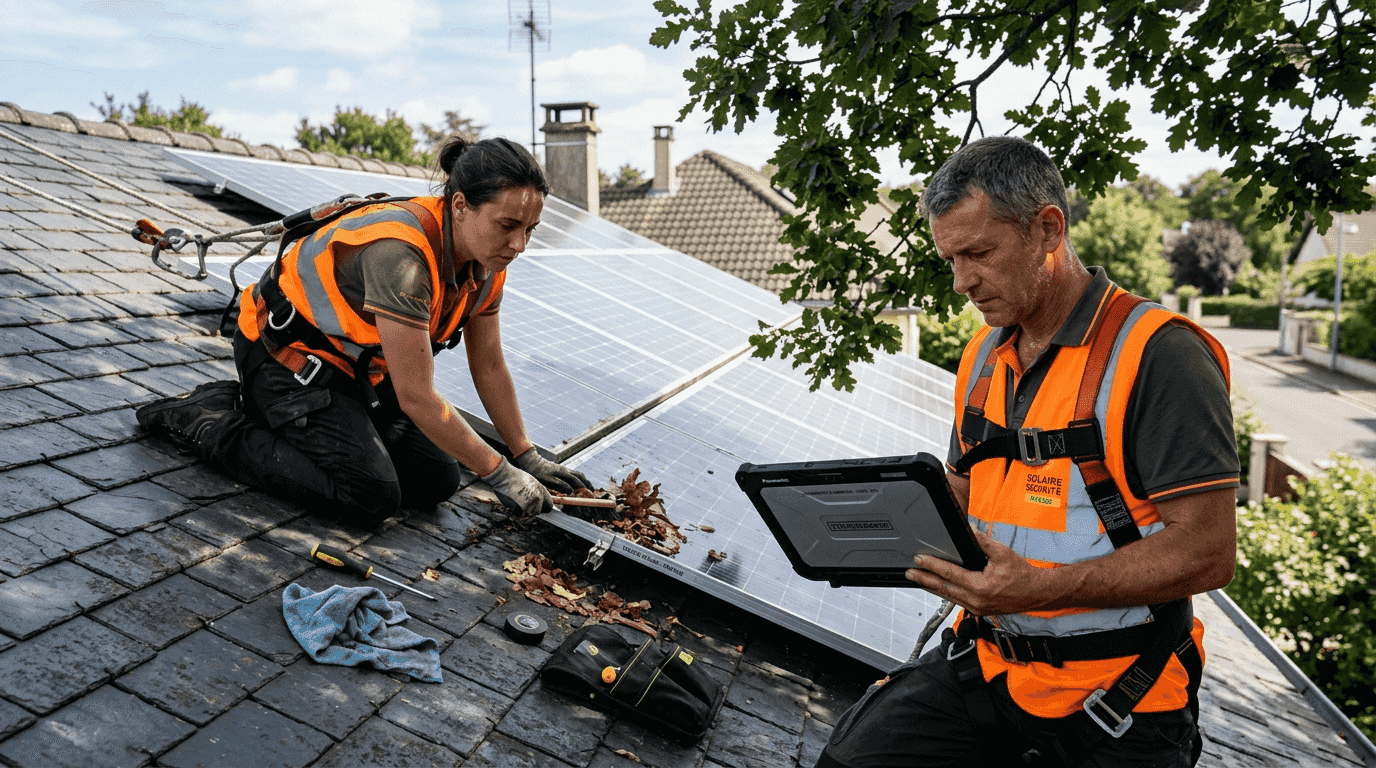 Des techniciens procèdent au contrôle de panneaux solaires partiellement à l’ombre.