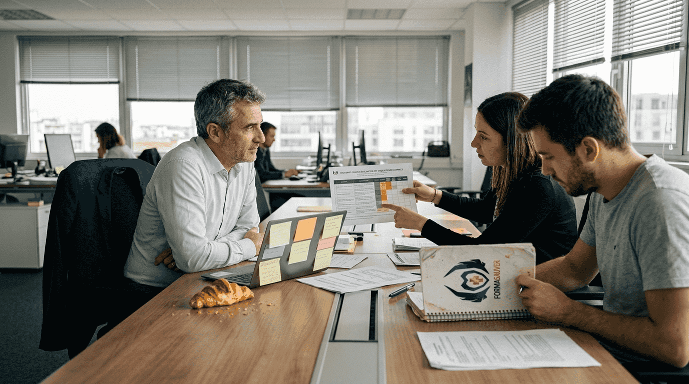 Dans son bureau, un chef d'entreprise échange avec son équipe sur les meilleures façons d’anticiper les risques et de sécuriser l’activité.