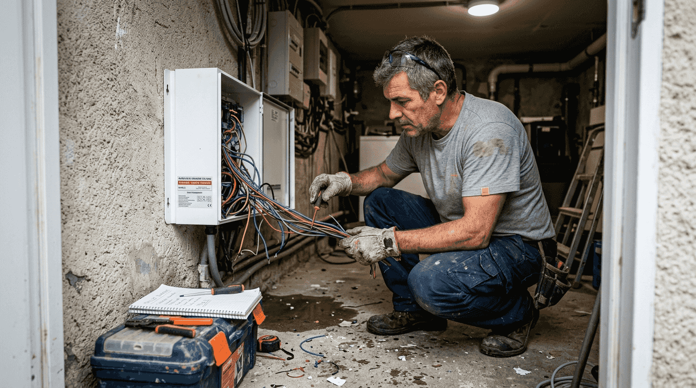 Un électricien est en train d’installer le câblage d’un onduleur solaire dans le sous-sol.