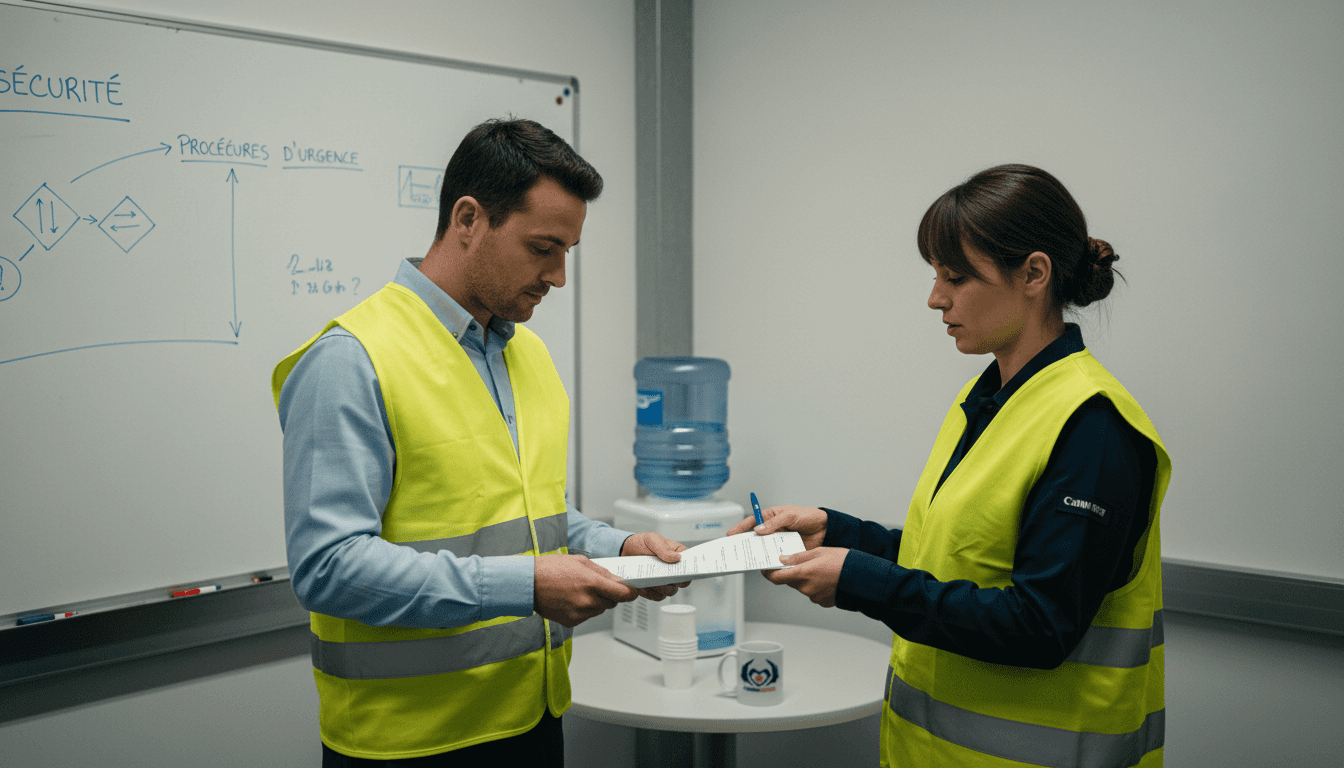 Les membres de l’équipe sécurité se retrouvent en salle de pause pour échanger des documents.