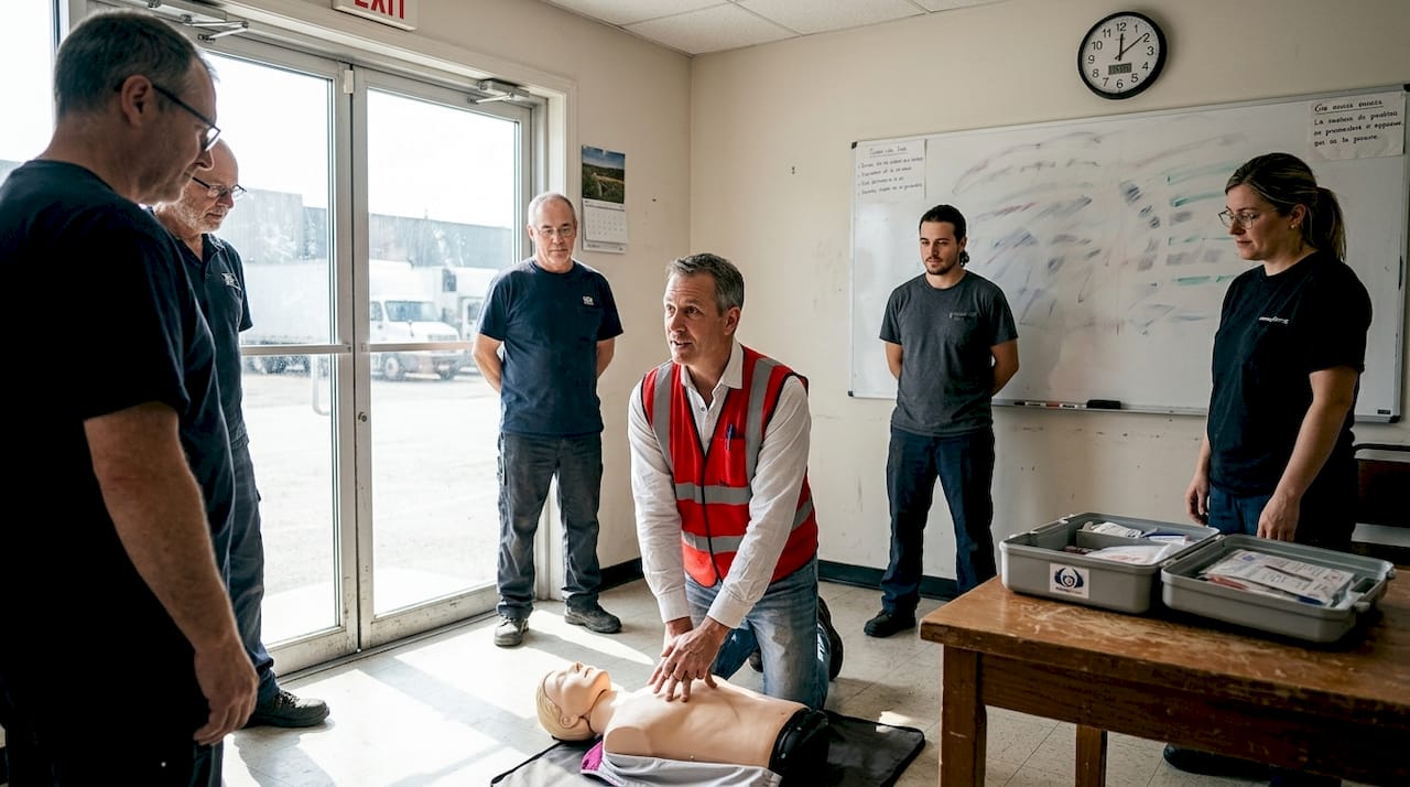 Un responsable sécurité explique les gestes de premiers secours lors d’une session de formation.