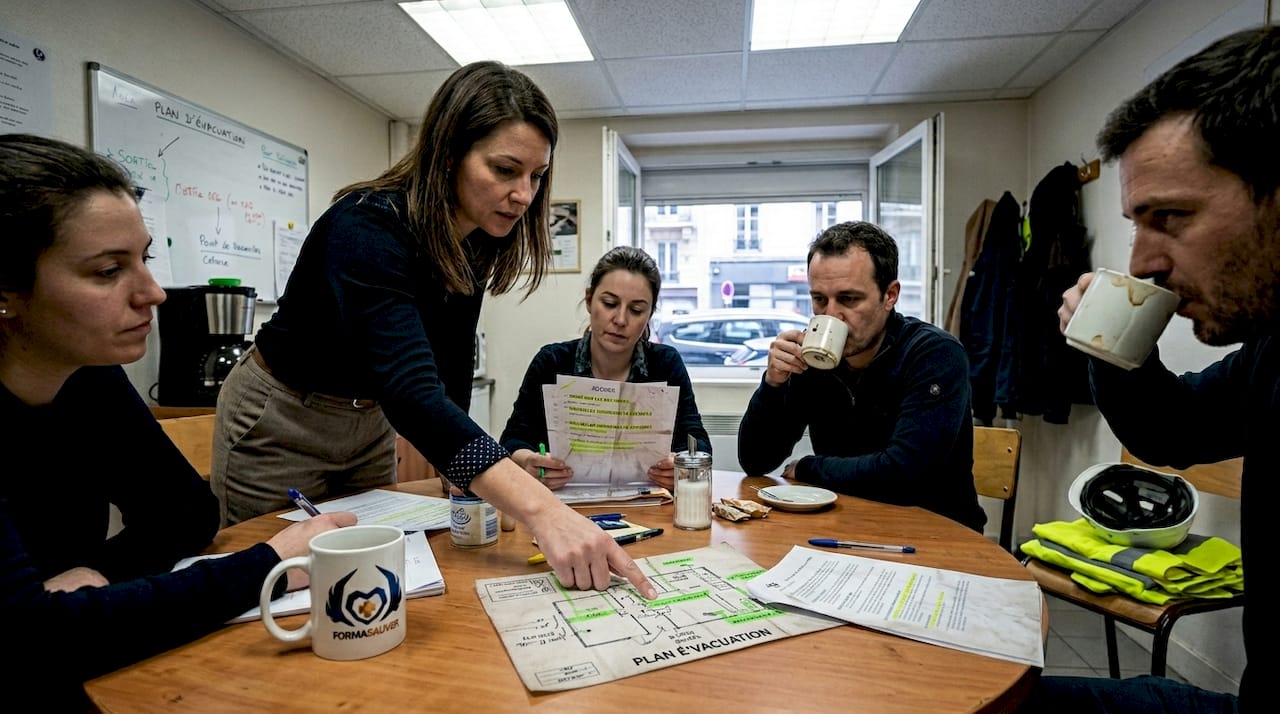 Un responsable profite de la pause café pour échanger avec ses collègues sur les bonnes pratiques de sécurité au travail.