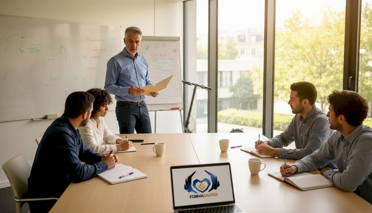 Atelier de formation CSE avec supports pédagogiques et utilisation d’un tableau blanc