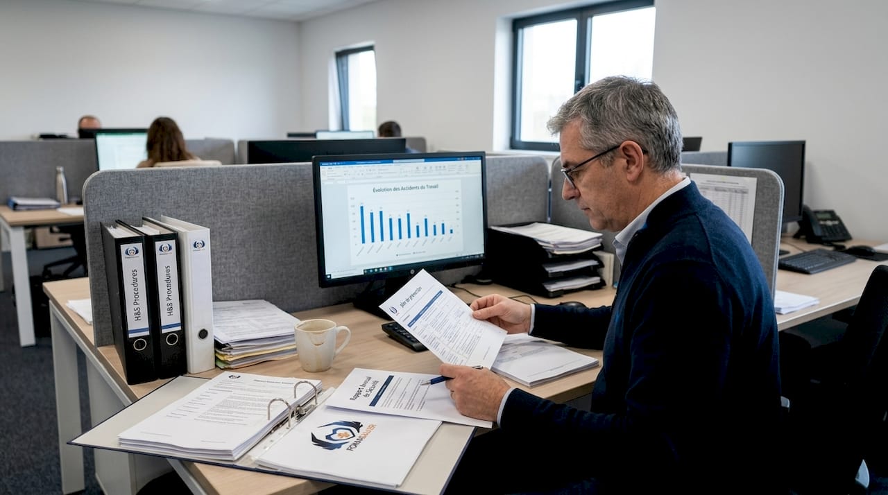 Un responsable sécurité en PME en train de consulter le plan de prévention pour s’assurer que toutes les mesures sont bien en place.