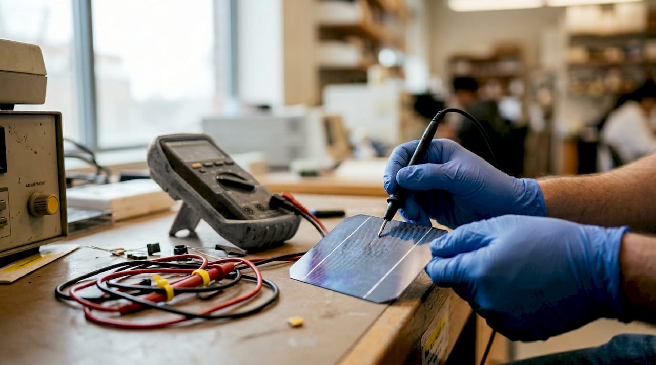 Zoom sur la structure cellulaire d’un panneau solaire testé en laboratoire